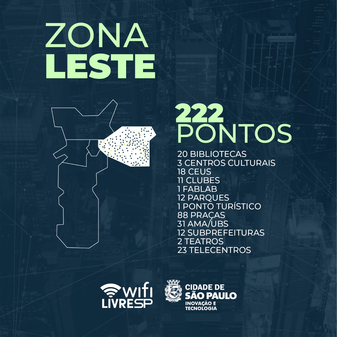 A imagem mostra o Mapa da Cidade de sção paulo com a parte da zona leste em destaque com diversos pontinhos nelas, indicando os 222 pontos de wifi